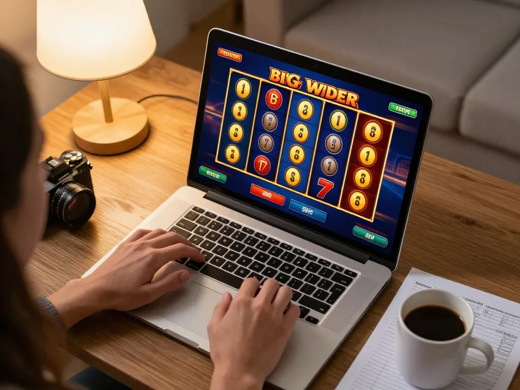 Player spinning reels on XX88 online slots with captivating home setup and gaming notes.