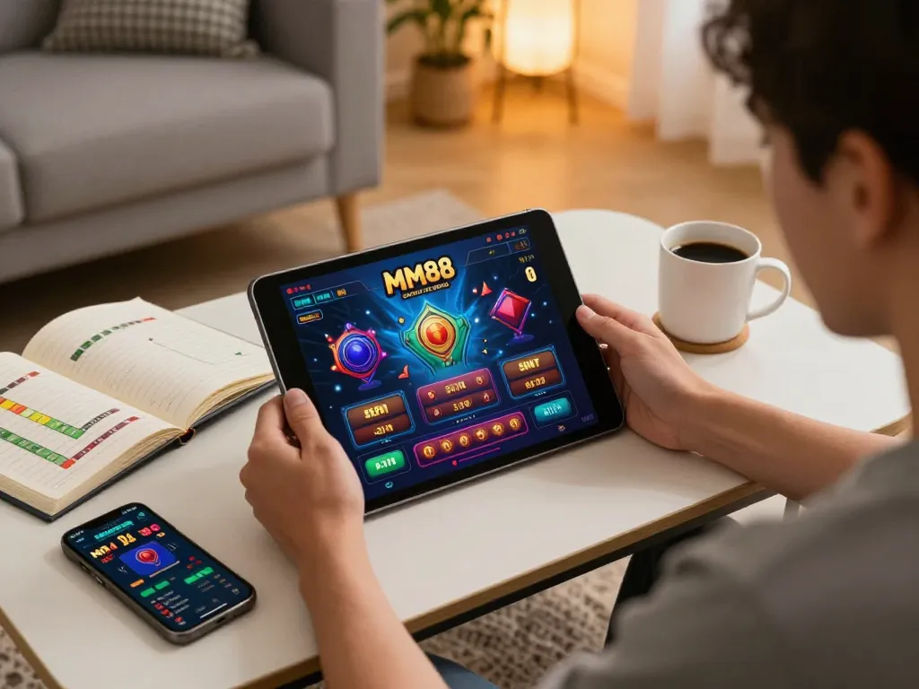 Engaging online gaming session with MM88 casino app on tablet and strategic notes in cozy living room.