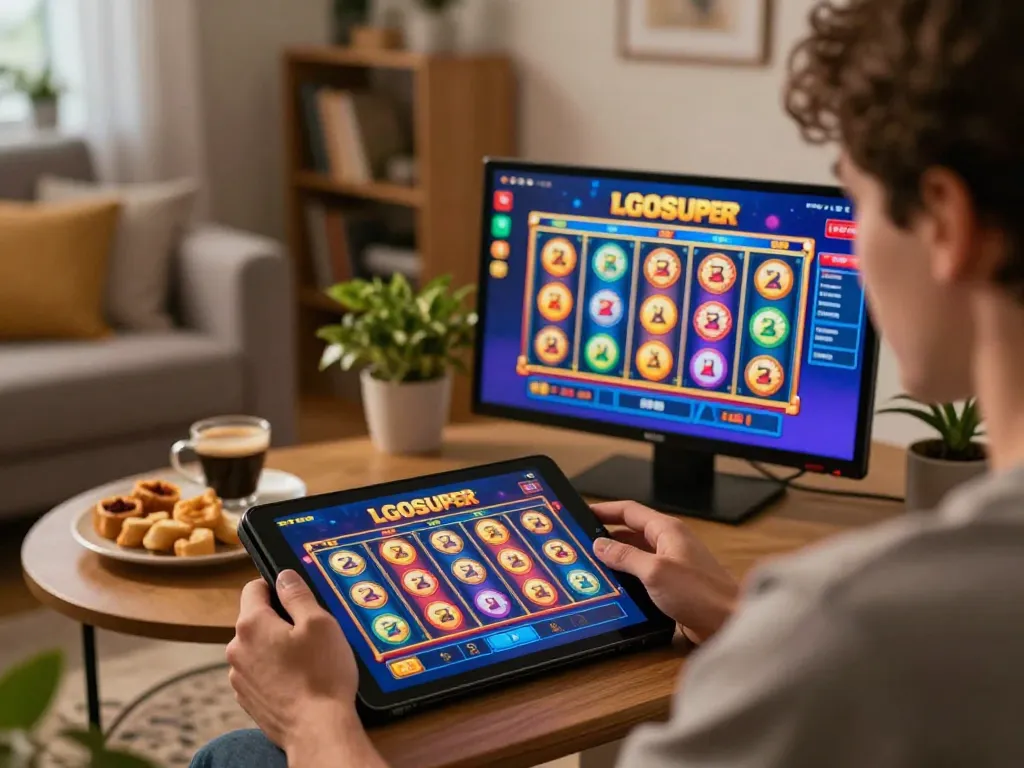 Engaged player enjoying LGOSUPER casino games on tablet in a cozy living room setting.