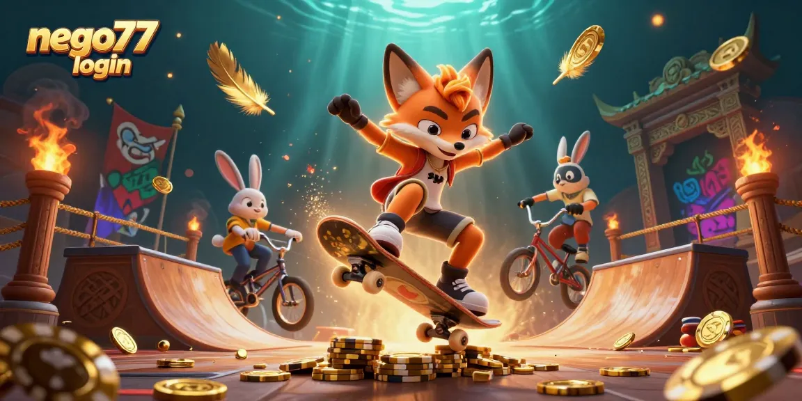Join the action with nego77 login as our skateboard fox and BMX rabbit thrive in a dynamic casino scene.