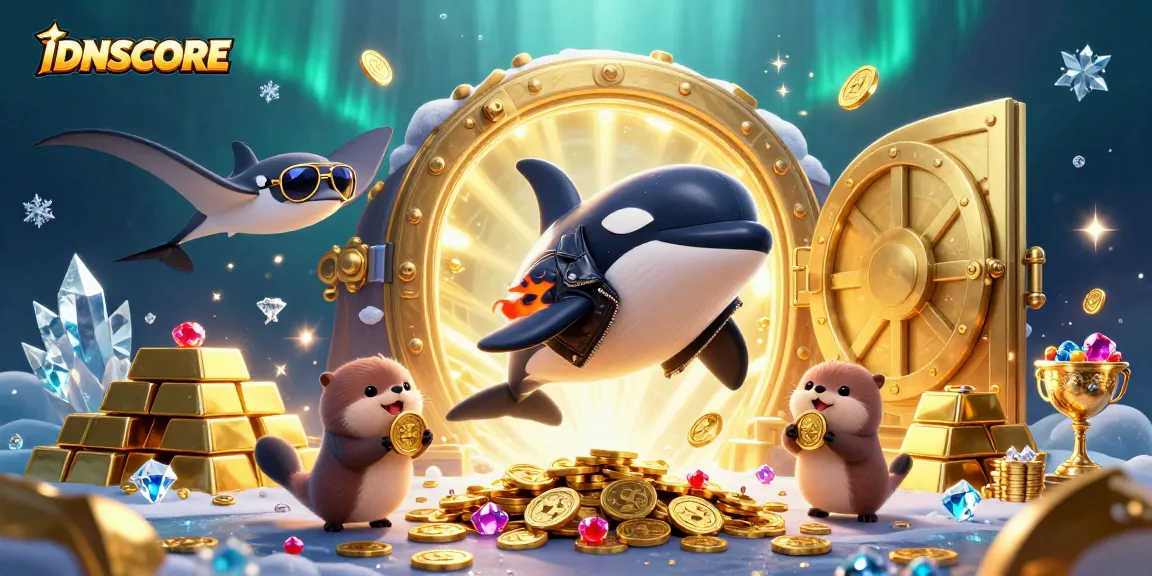 Experience the thrilling gameplay of IDNSCORE through a dynamic scene of joyful sea creatures amidst treasure and excitement.