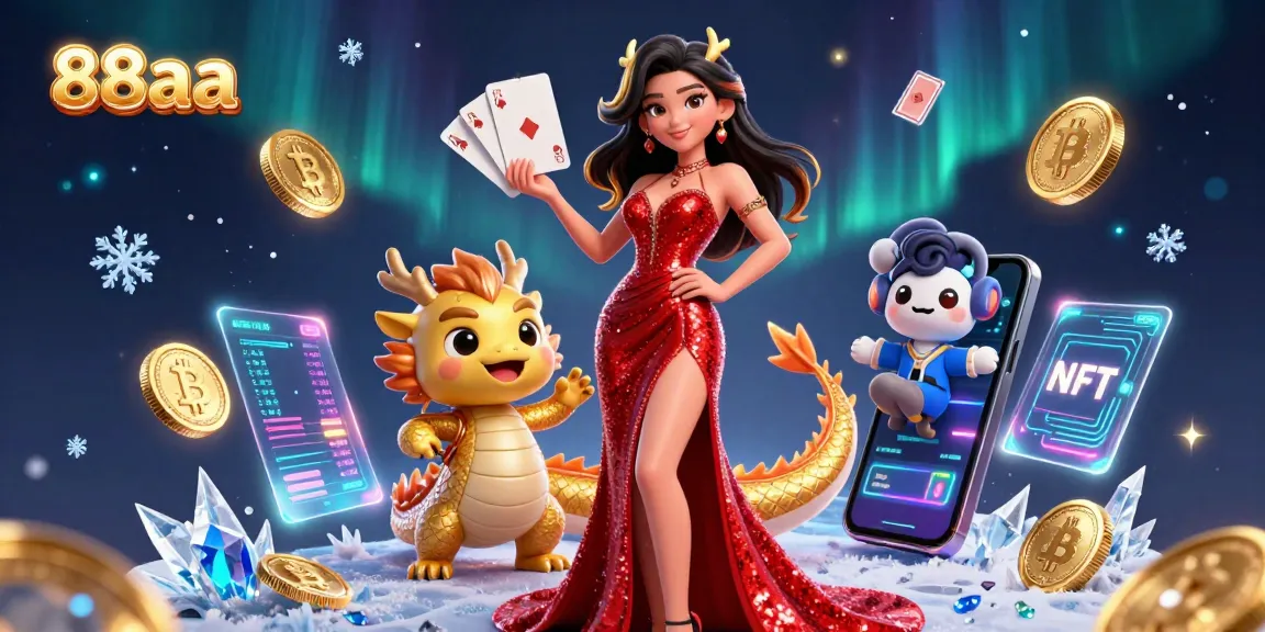 Experience dynamic gameplay at 88aa with an elegant figure amid floating cards and crypto symbols.