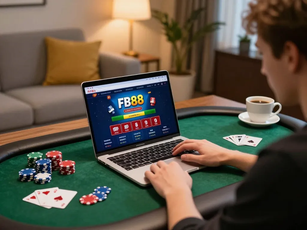 Engaged user plays slots on FB88 mobile app in cozy home setting with coffee.