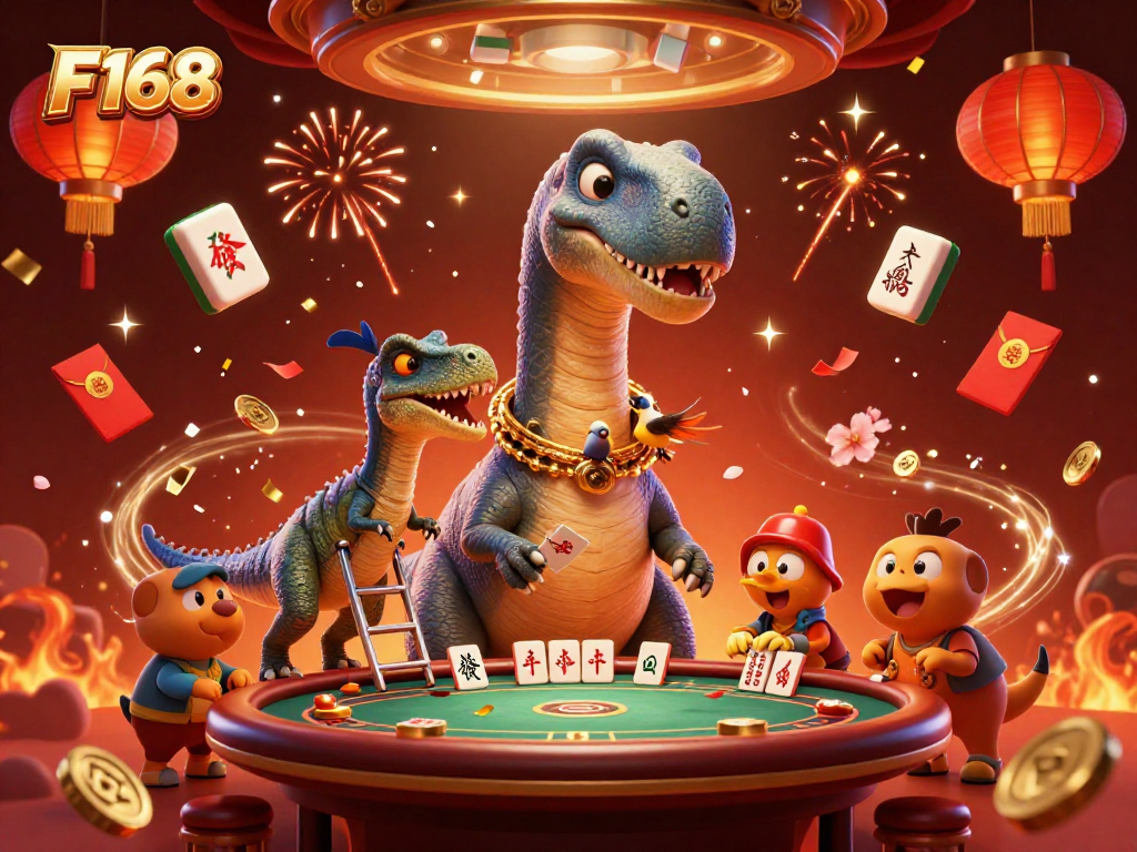 Experience F168's vibrant casino scene with a brontosaurus and raptor dealing cards.
