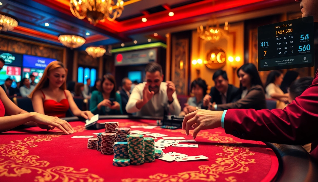 Exciting scene showcasing keo nha cai actions at a luxurious casino table with players and chips.