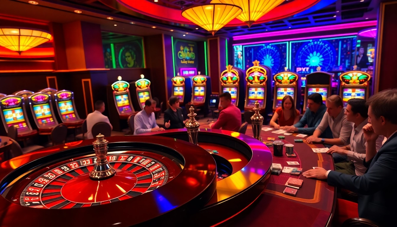 Experience the thrill of PXJ-themed gaming at a luxurious casino with vibrant roulette and slot machines.