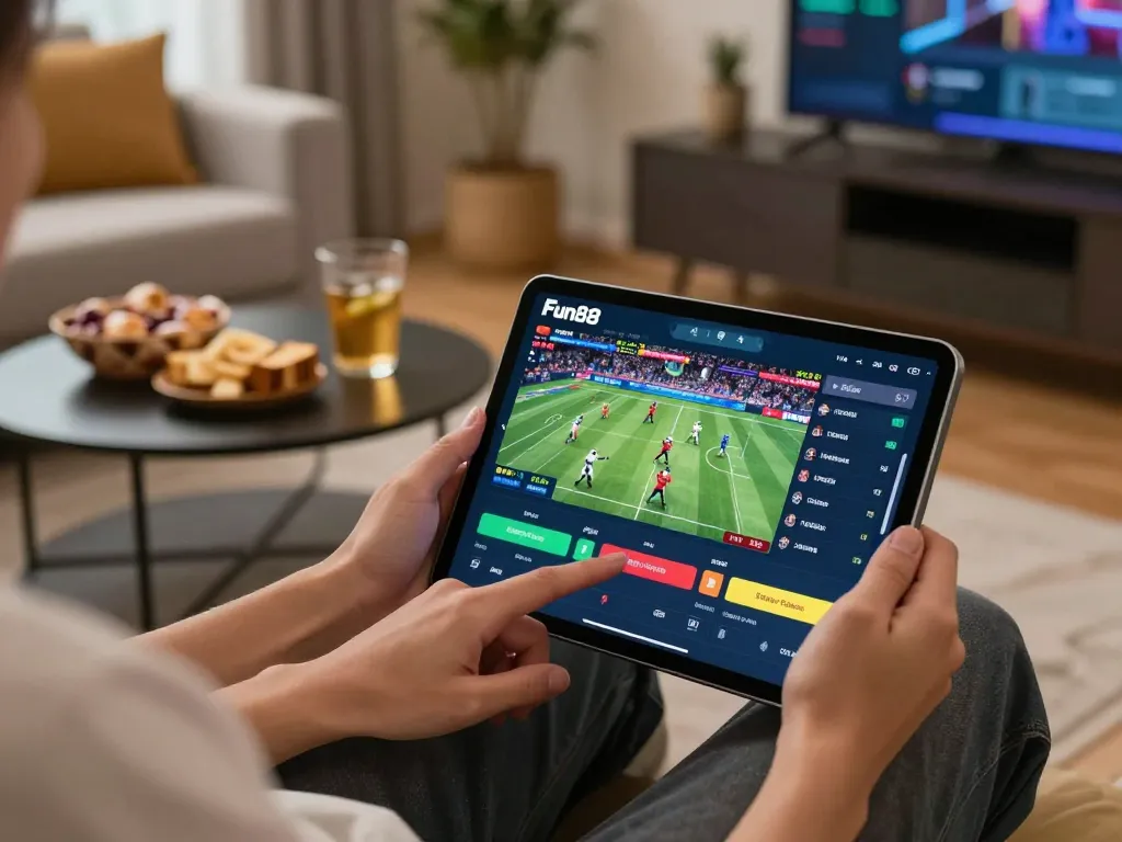 Fun88 user engaging in live sports betting on a tablet in a cozy home setting