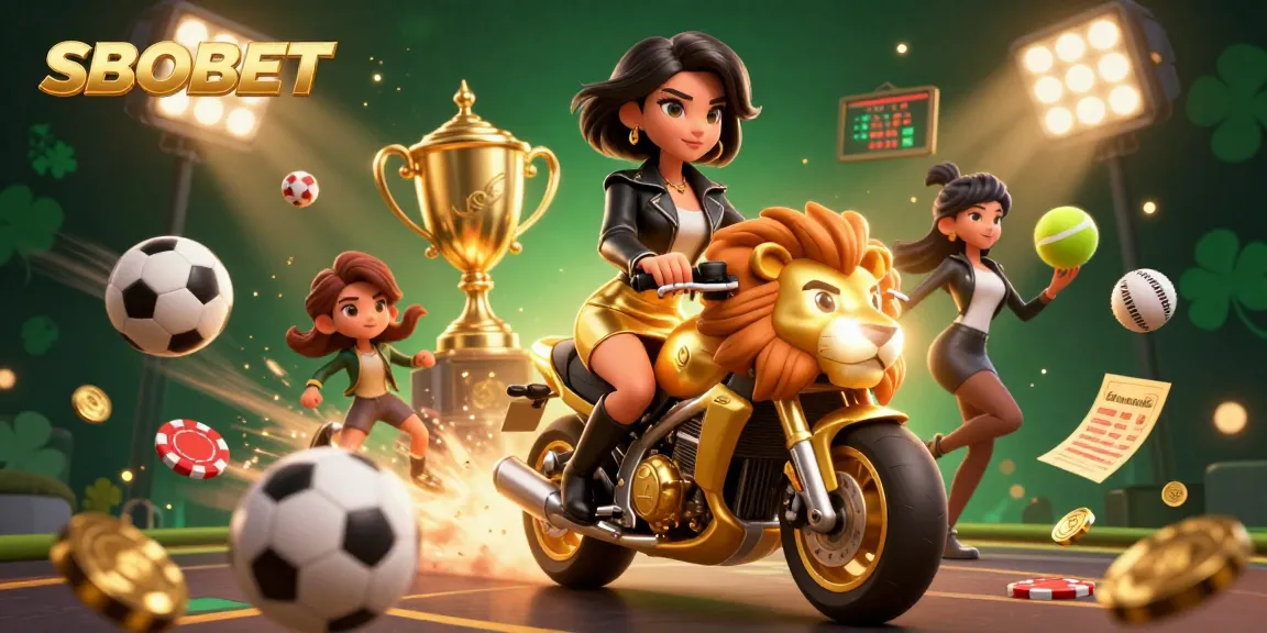 SBOBET sports betting scene with a glamorous Asian woman riding a lion mascot amidst dynamic sports elements.