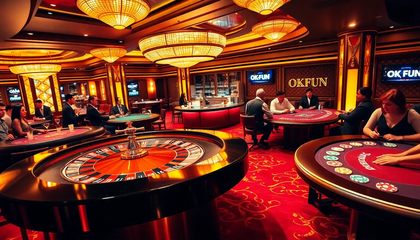Players enjoying their time on the vibrant OKFUN casino floor, engaging at roulette and blackjack tables.