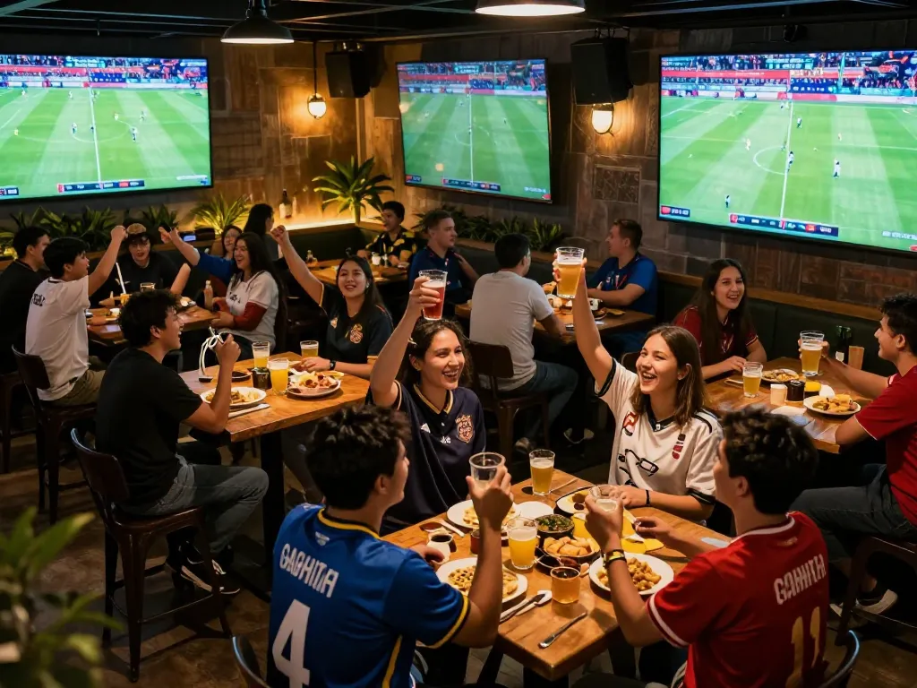 Cakhiatv sports fans celebrating live football match in a vibrant sports bar setting