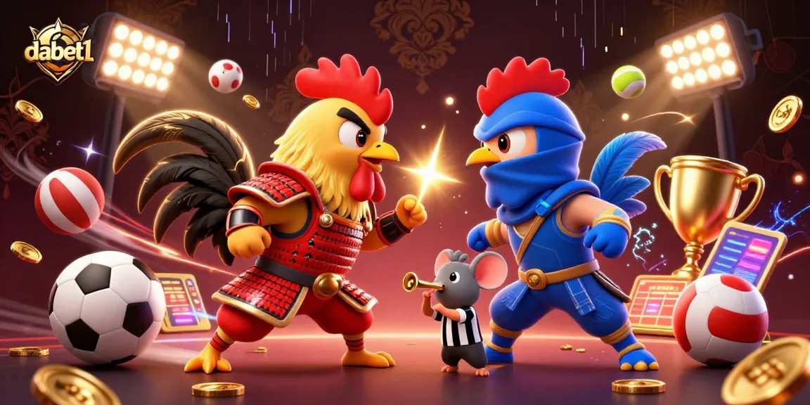 dabet1 showcases a thrilling roosters' duel amidst dynamic sports elements and golden trophies, embodying casino excitement.