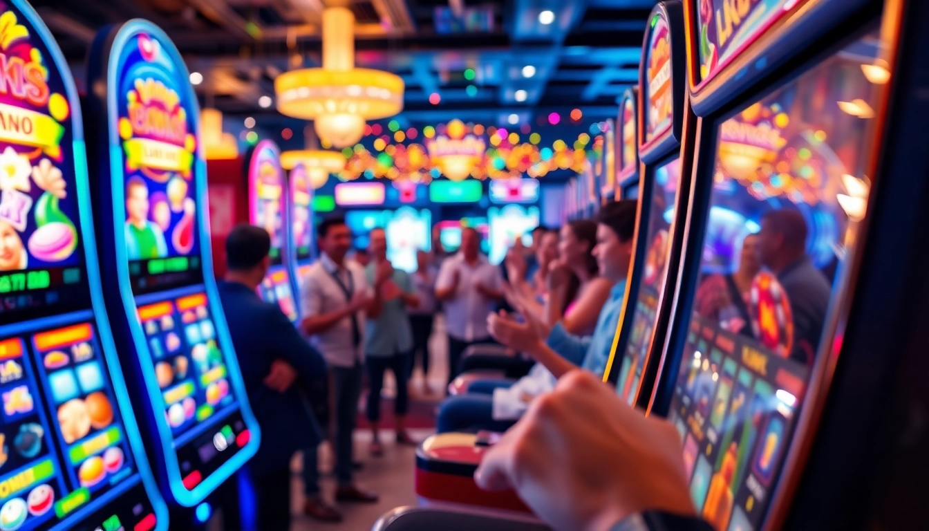 Pemain bersemangat memainkan garasislot dengan mesin slot berwarna-warni di sekelilingnya.