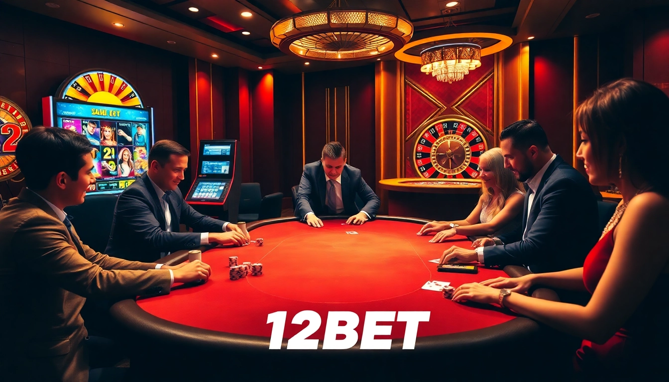 Engaged players at a luxurious 12BET poker table surrounded by vibrant casino elements.