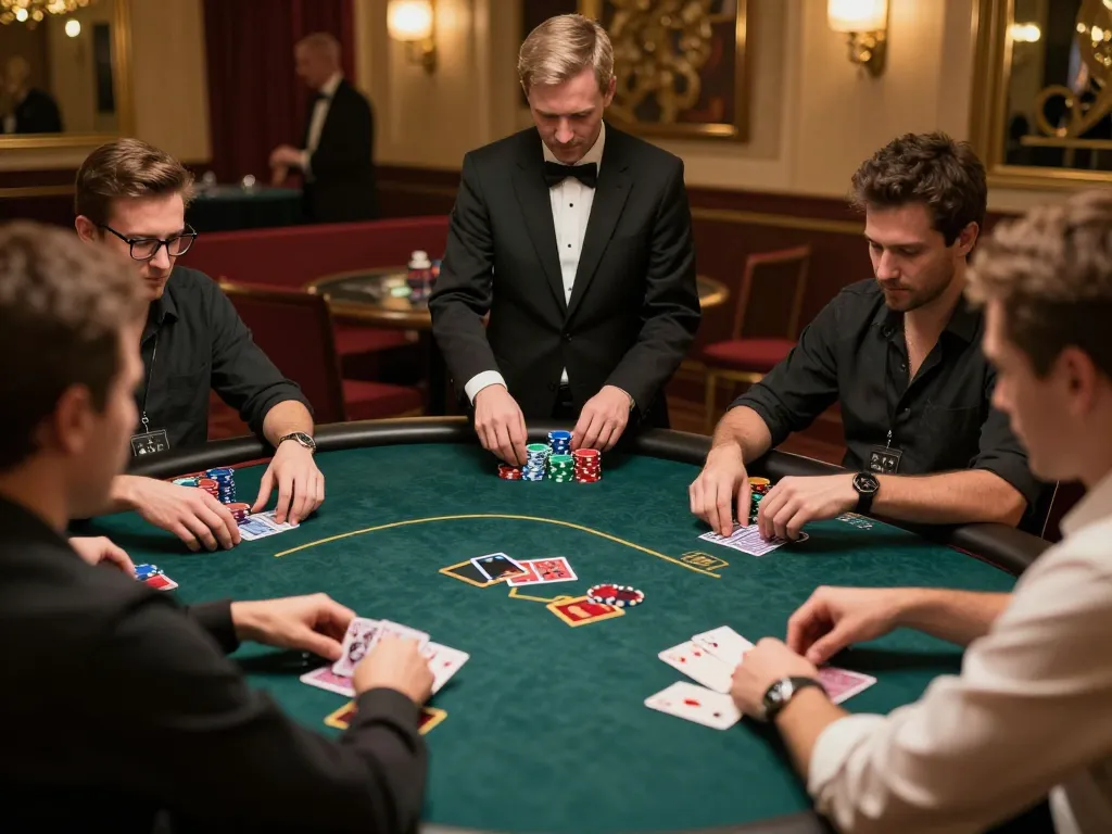 Players engaging in a focused poker game at a luxurious table with sc88 strategy elements visible, capturing the excitement and tension.