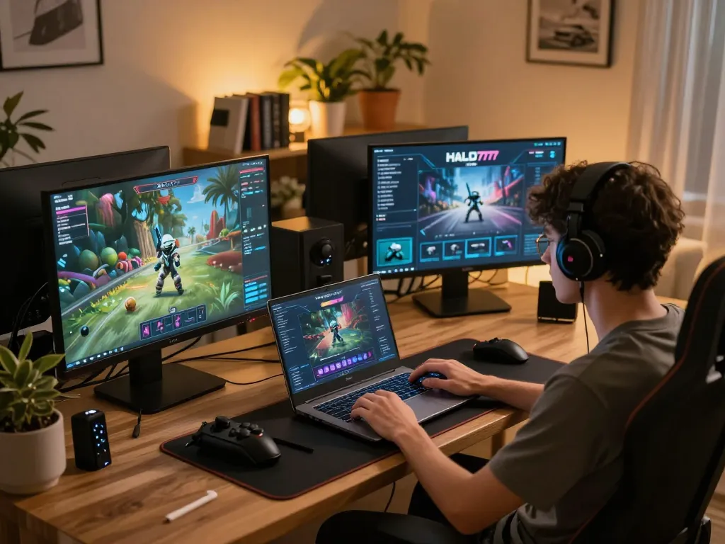 Pemain terlibat di platform permainan halo777 dengan laptop di rumah, menunjukkan pengaturan perjudian yang nyaman dan strategis.