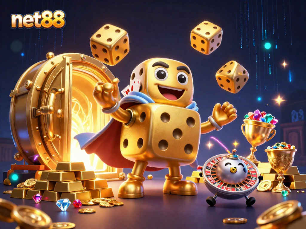 Engage with the vibrant casino world of net88 featuring animated gold dice and dazzling gems.