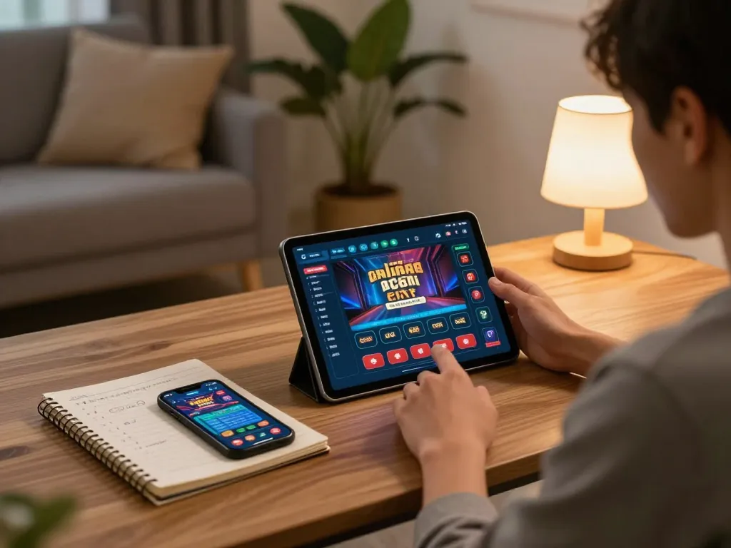 Player engaging with SC88 online casino app on tablet, analyzing strategies in cozy home setup.