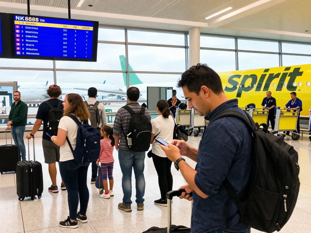 Tracking NK888 flight status at a busy airport with travelers and boarding gate.