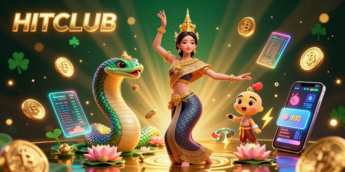 Engage with HITCLUB's vibrant 3D digital casino scene featuring Thai cultural elements and crypto coins.