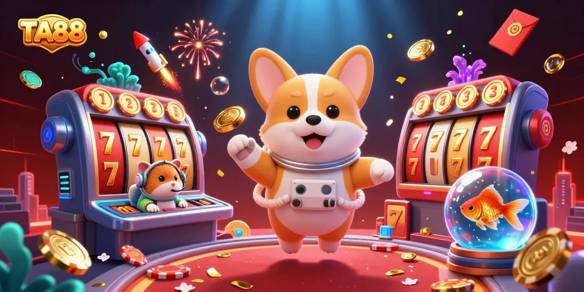 Experience the thrilling casino atmosphere at TA88 with an astronaut corgi among floating slots and golden coins.