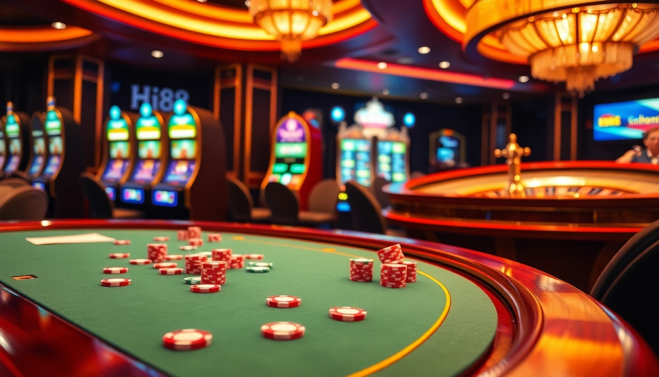 Hi88 poker table with vibrant chips and roulette wheel in a luxurious casino setting.