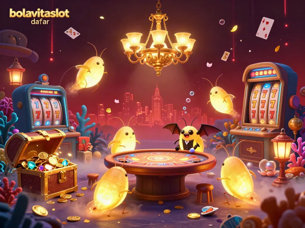 Experience vibrant gameplay at bolavitaslot daftar with a colorful underwater casino scene illuminated by glowing creatures.