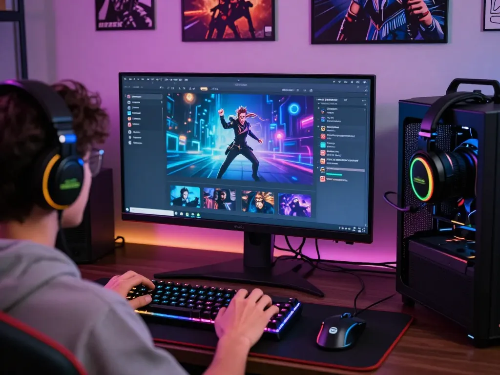 Engaged gamer at https://fabetz88.com/ in vivid gaming setup with dynamic lighting and accessories.