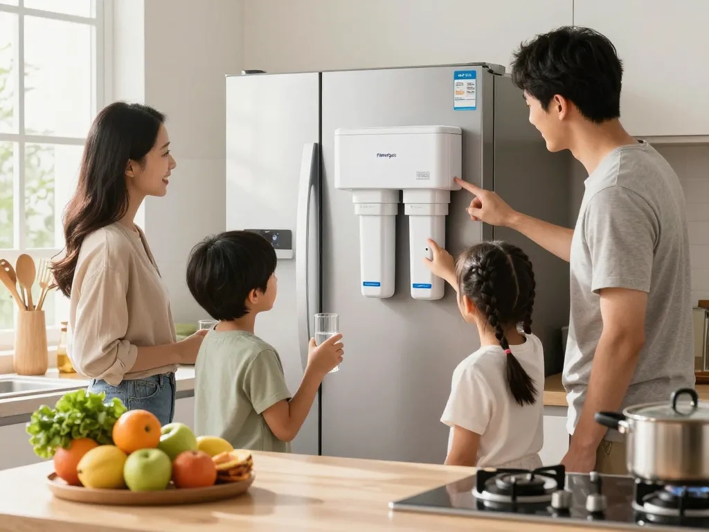Family learning about Filterlogic LT1000PC ADQ747935 MDJ64844601 NSF Certified Refrigerator Water Filter and Air Filter in a bright kitchen.