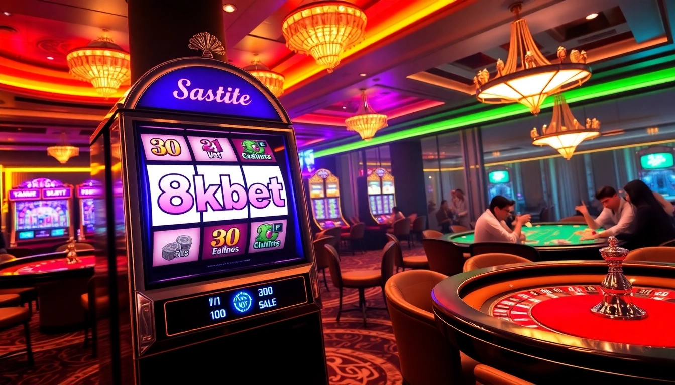 8kbet thrilling casino experience with vibrant slot machines and a lively roulette wheel.