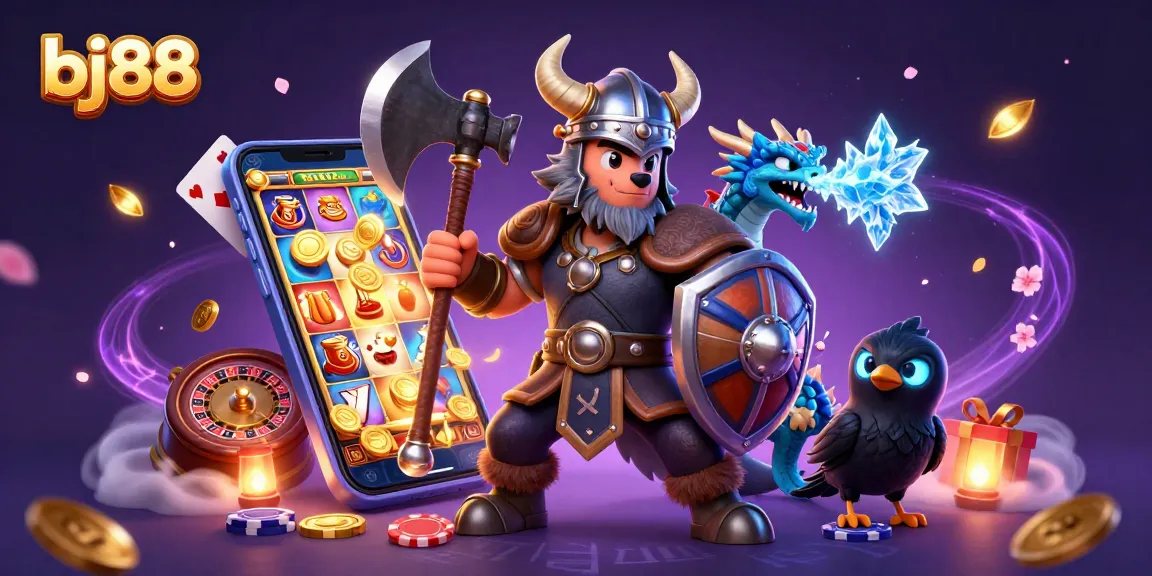 Experience thrilling gameplay at bj88 with a Viking wolf warrior, ice-breathing dragon, and casino elements.