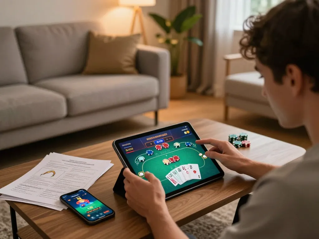Engaging online gameplay scene showcasing jus77 gaming on a tablet, with poker chips and strategy notes.