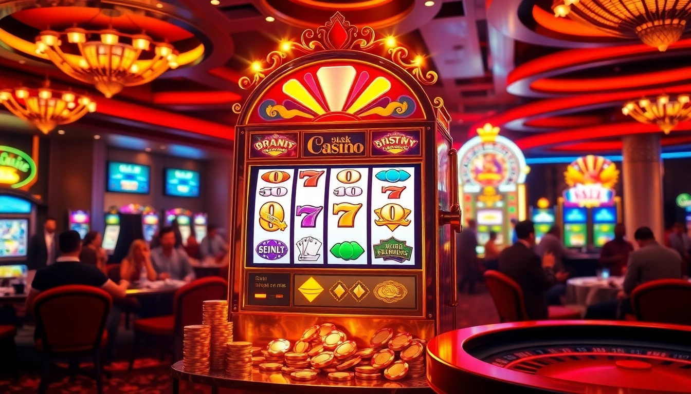 Rasakan kemenangan mendebarkan dengan permainan apk slot di kasino mewah, menampilkan mesin slot yang cerah.