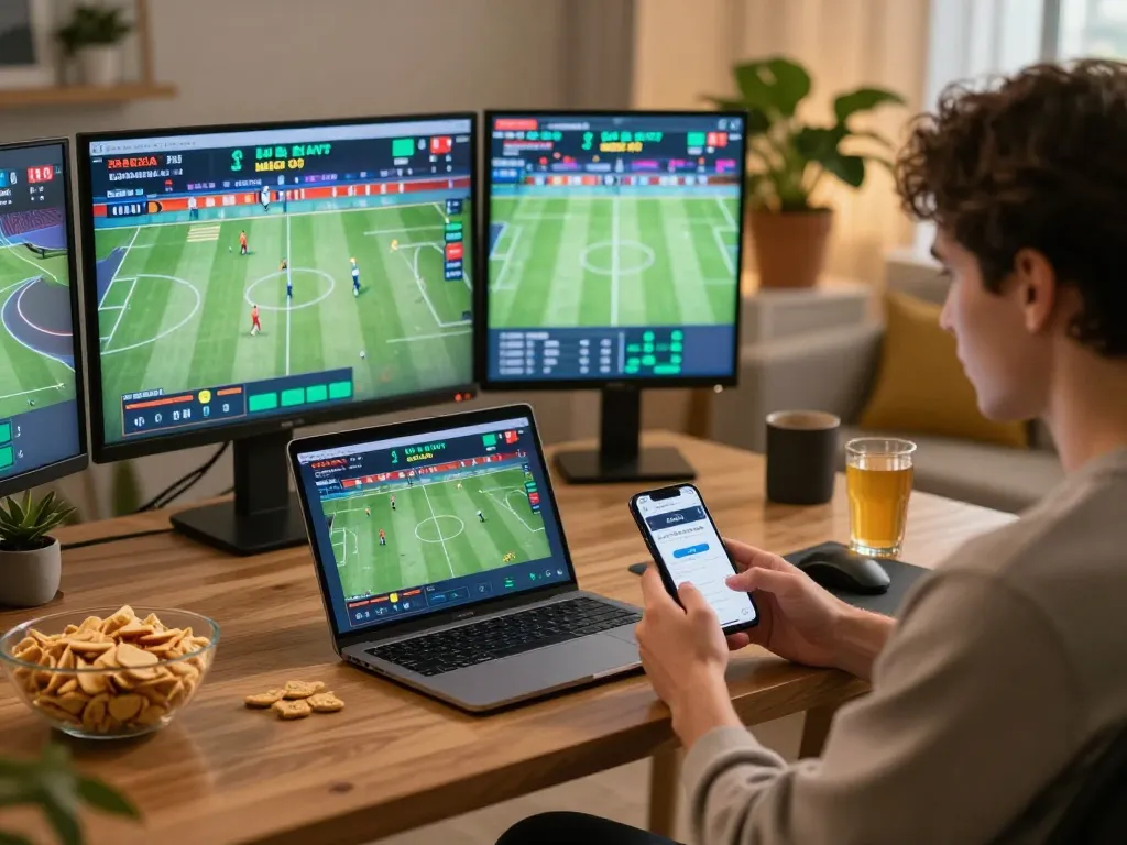 Engaged player using Bsport app to strategize on live sports betting during a home game setup.