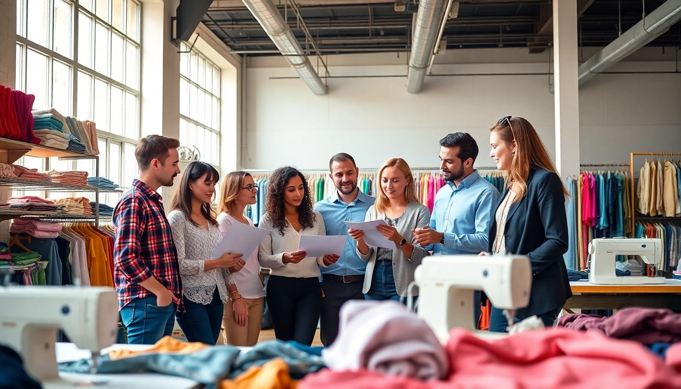 Custom discussion among clothing manufacturers for startups showcasing vibrant fabric options and tools.