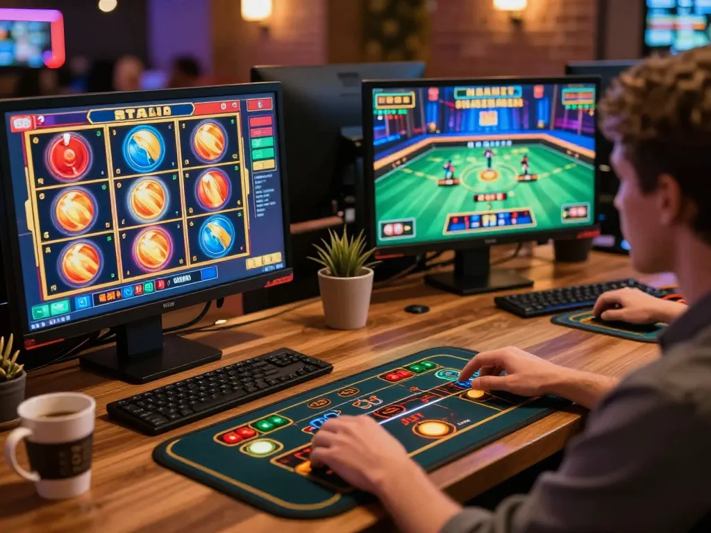 Engaging in online gaming experiences at LGOGOAL with interactive casino screens showcasing various games.