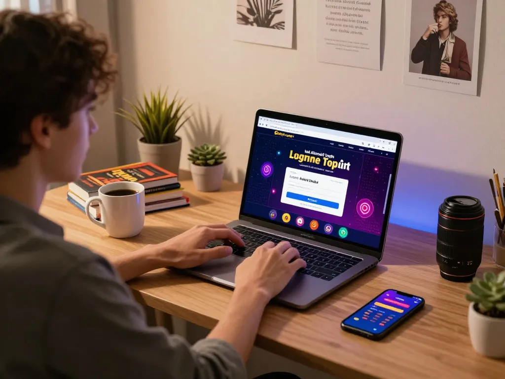 DewaTogel Link Alternatif Login Terbaru accessed from a stylish home workspace, showcasing an engaged user focused on online betting.