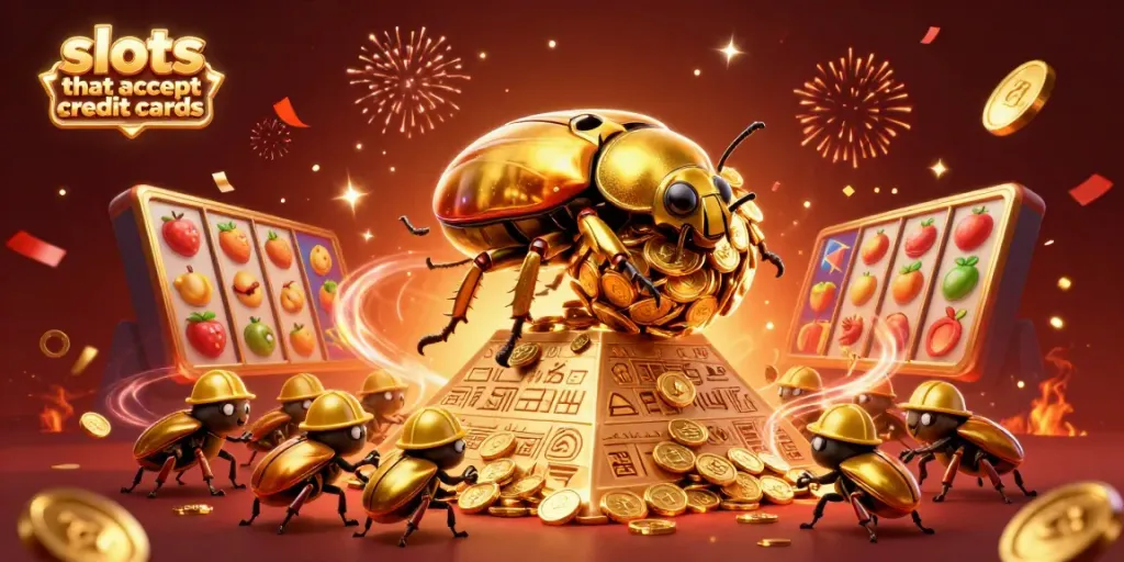 Engaging scene of slots that accept credit cards featuring a golden beetle rolling coins, with vibrant slot reels nearby.