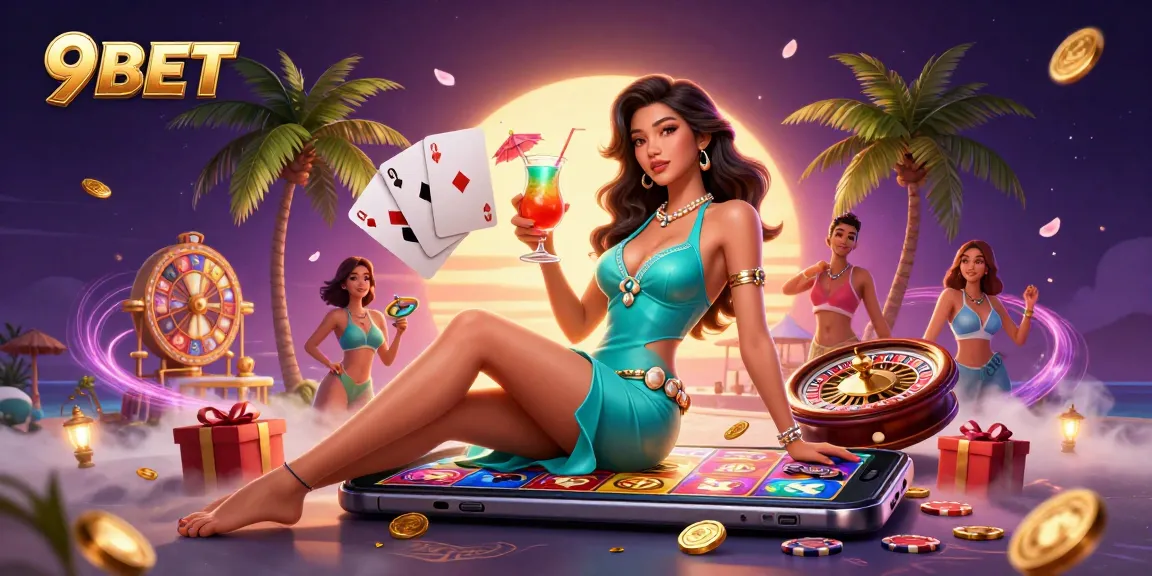 Experience the excitement of 9BET with a glamorous scene of casino fun, vibrant games, and tropical vibes.