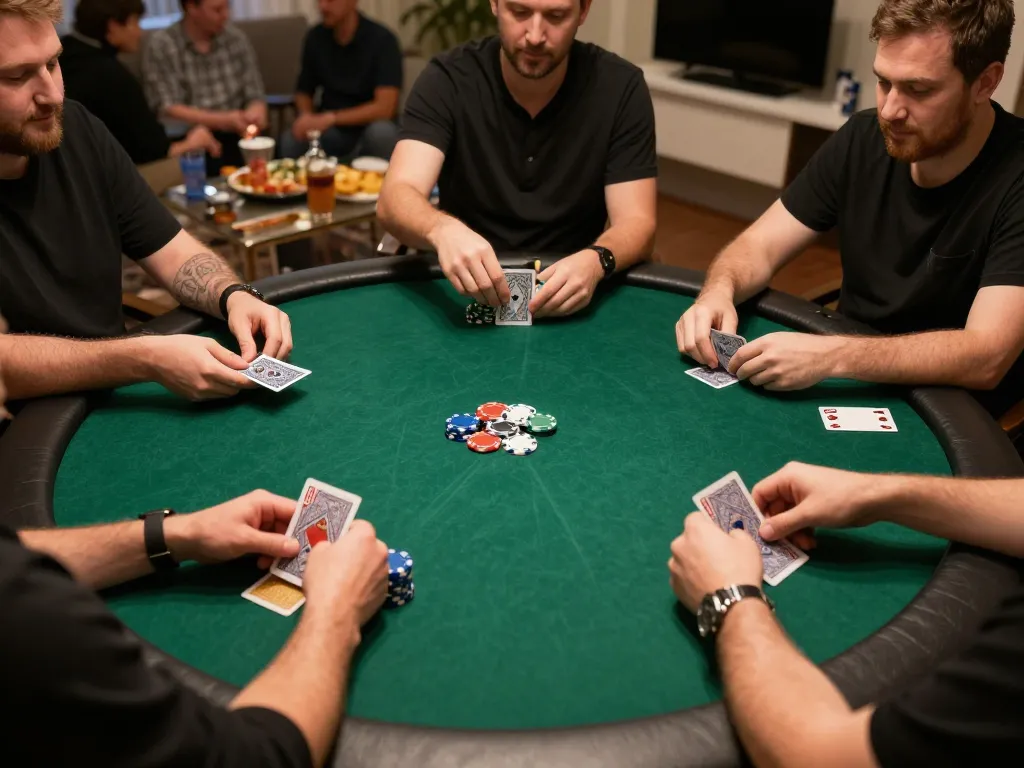 OKFUN players enjoying a competitive poker game at a cozy home gathering, showcasing the excitement and social atmosphere.