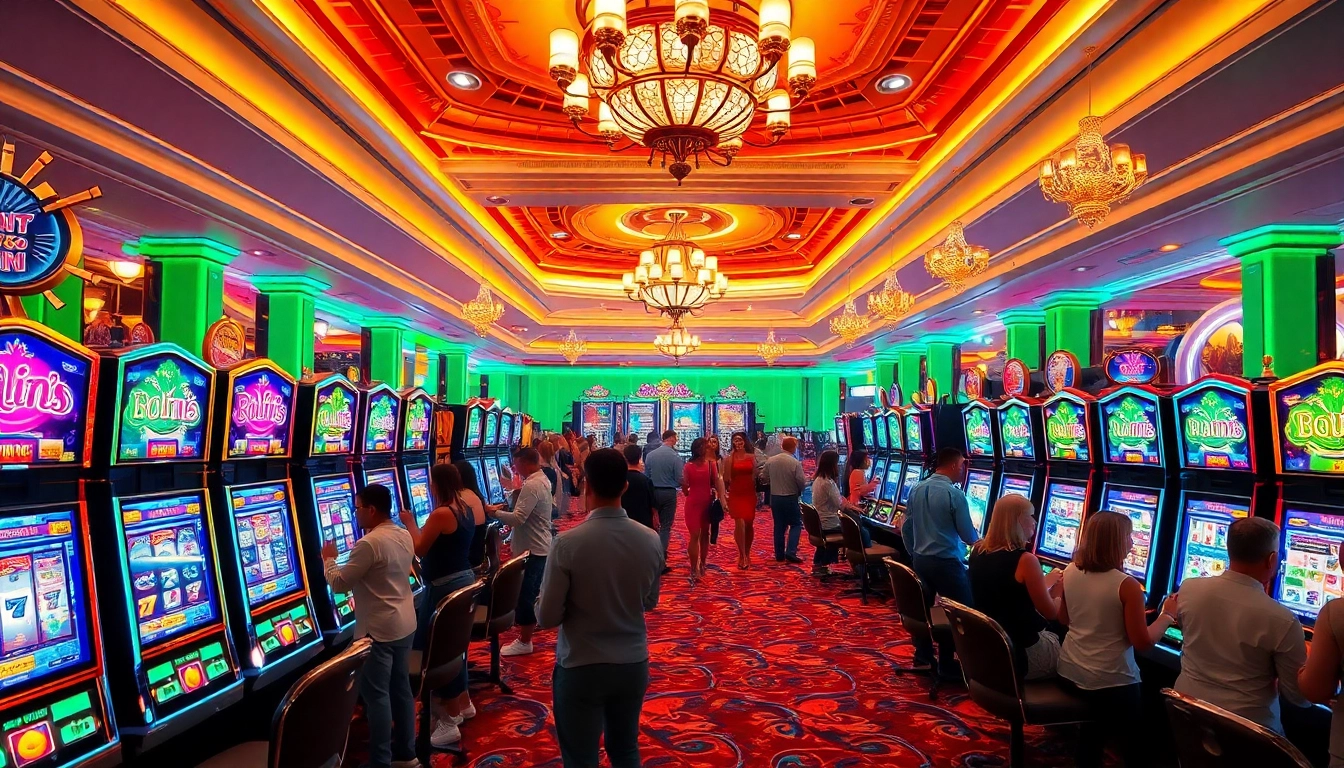 Players enjoying a thrilling slot game experience in a vibrant casino atmosphere, showcasing lively machines.
