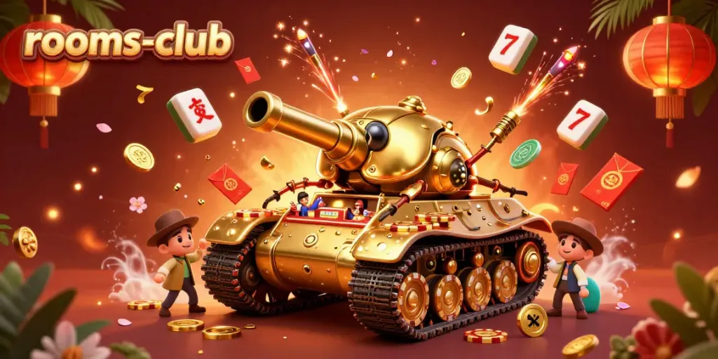 Mengalami keseruan game slot di rooms-club dengan desain kasino miniatur dalam tank keledai emas yang meriah.