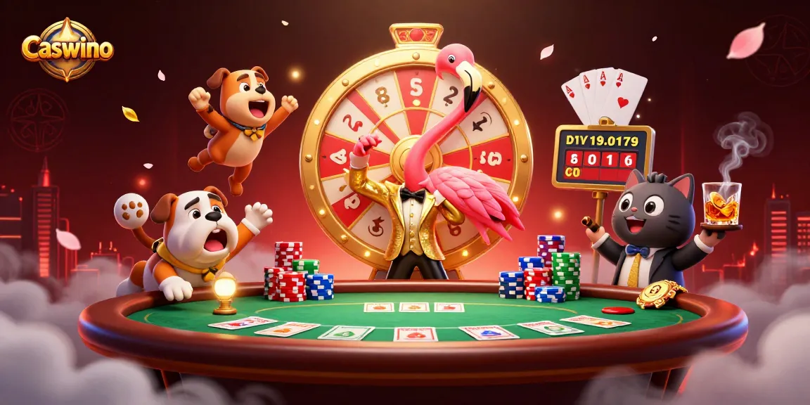 Caswino game show host flamingo spins a golden wheel while a bulldog contestant celebrates with poker chips and cards.