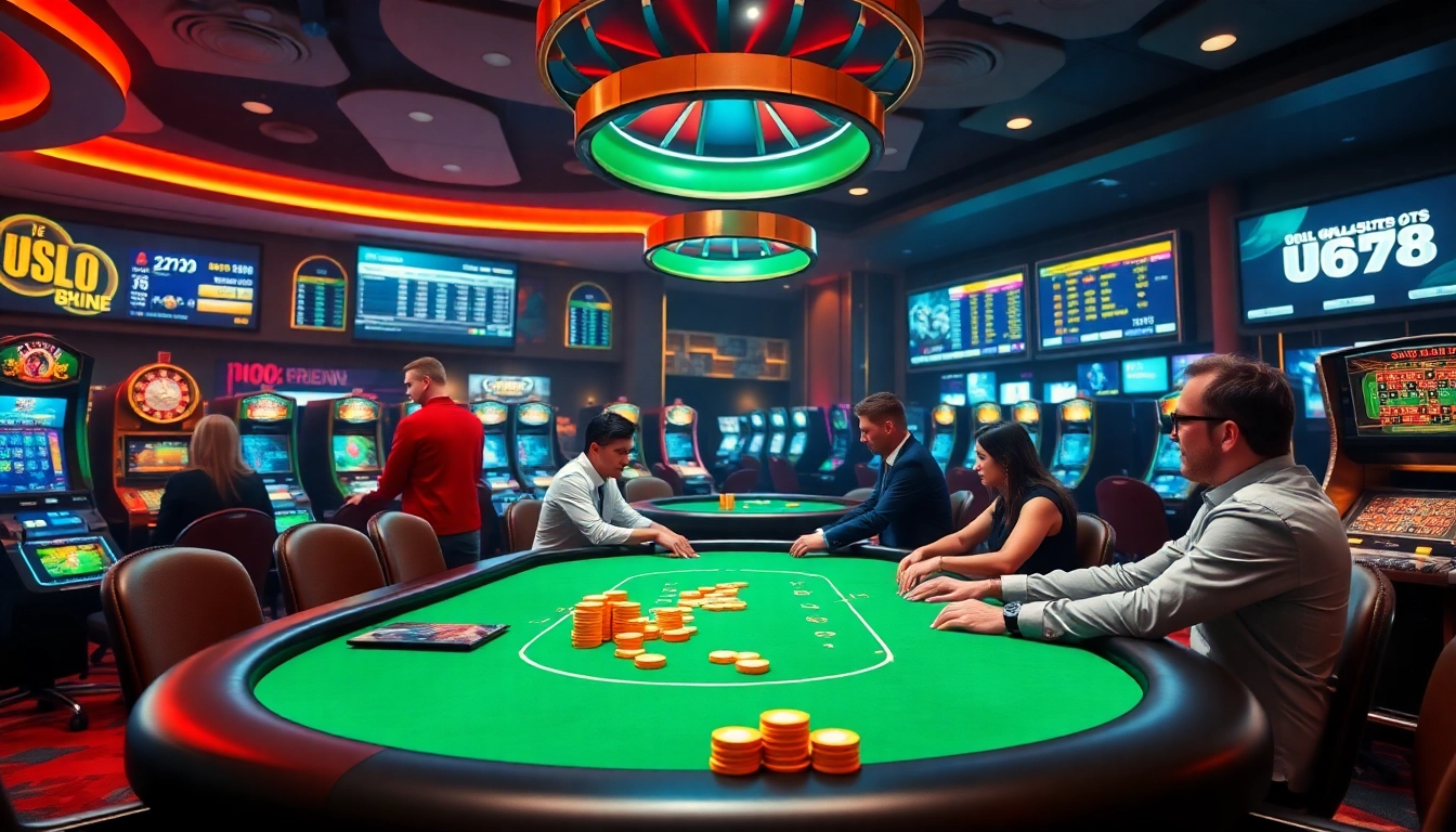 Exciting gambling environment at uu88 with poker tables and slot machines.