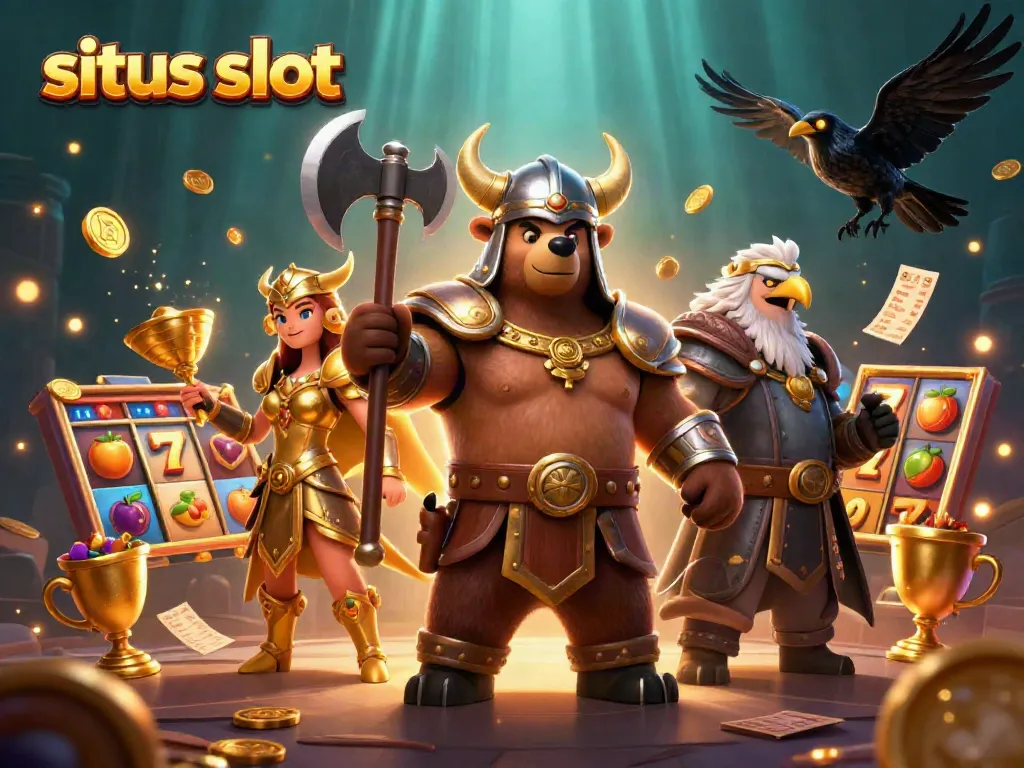 Karakter Viking dan Valkyrie dengan elemen perjudian situs slot, seperti simbol dan jackpot, menghadirkan keseruan taruhan.