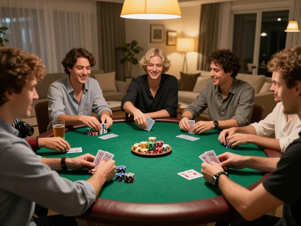 Malam permainan poker Planet77 bersama teman-teman, suasana aksi yang hidup dan ikatan sosial.