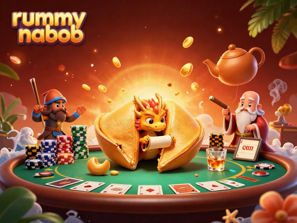 Rummy Nabob menawarkan pengalaman bermain yang mendebarkan dengan ilustrasi 3D karakter kasino.