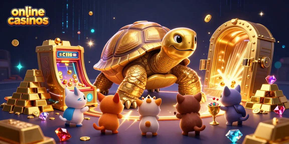 Experience exciting online casinos with a vibrant scene featuring a colossal golden tortoise and treasures.