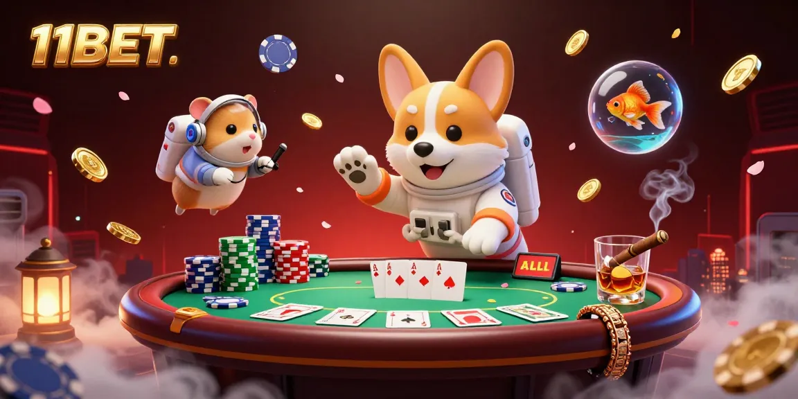 Experience thrilling moments at 11BET with a dynamic 3D casino scene featuring a cartoon astronaut corgi and a mission-control hamster.