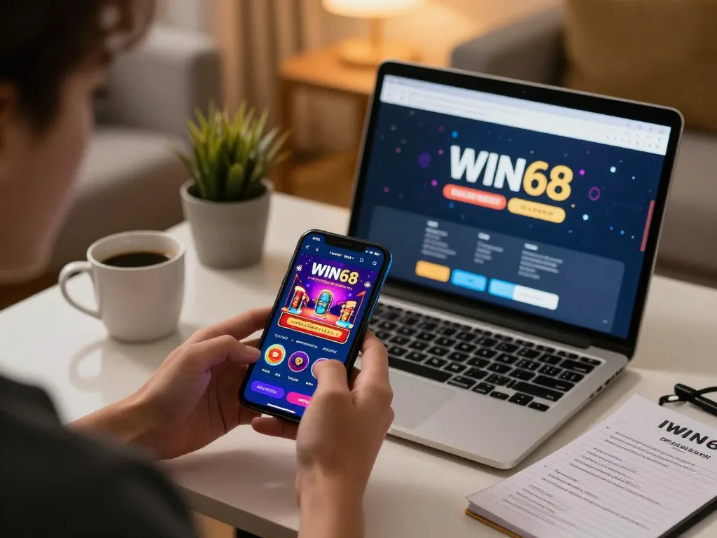 IWIN68 user engaging in mobile betting, showcasing vibrant app interface amidst cozy home setting.