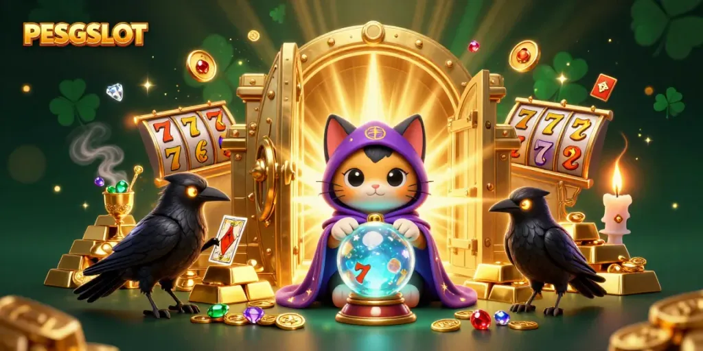 Melihat PESGSLOT dalam ilustrasi, di mana kucing mistik dan burung gagak memainkan kartu tarot di tengah harta karun yang berkilauan.